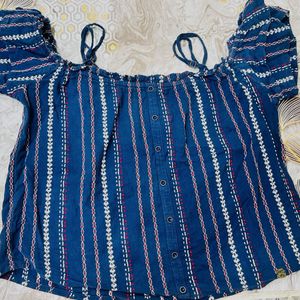 Blue Striped Off-Shoulder Top