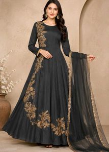 Gray Embroidered gown with leggings & dupatta