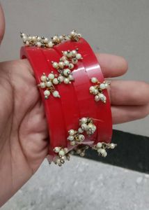 Red &amp; Pearl Beaded Bangle Set