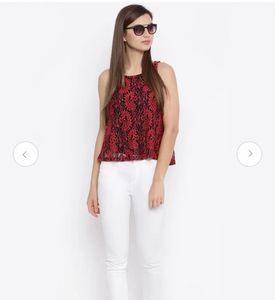 Black Red Lace Embroidery Floral Top By AND