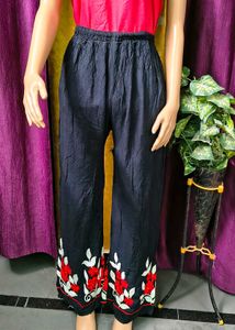 Embroidered Palazzos Black with Red Floral Accen