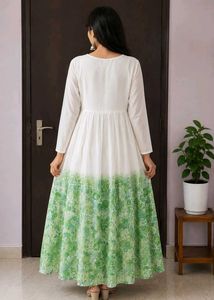 White &amp; Green Floral Printed Long Frock