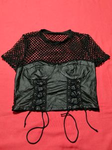 Black Mesh Lace-Up Corset Crop Top