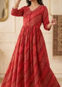 Vibrant Red Bandhani Print Gown