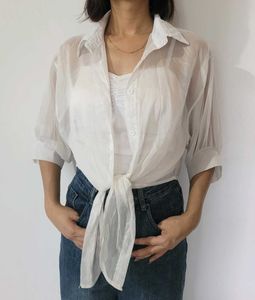 Sheer White Tie-Front Button-Up Blouse
