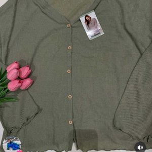 Chic Green Ribbed Button-Up Cardigan