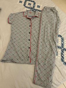 Grey Heart Print Night Suit Set