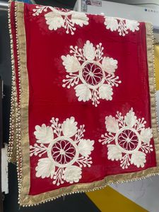 Red Embroidered Dupatta with Pearl Border