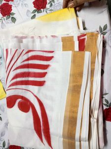 White Saree with Red Floral Print