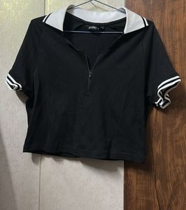 Stylish Black Cropped Polo Top