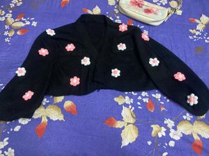 Floral Embellished Black Cardigan