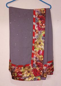 Grey Sequined Saree with Floral Border