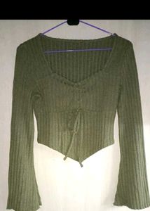 Ribbed Tie-Front Long Sleeve Top