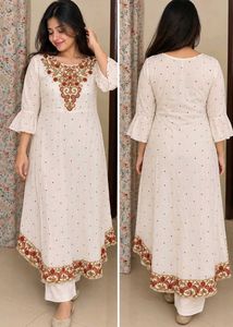 Cream White linen embroidered flared kurta