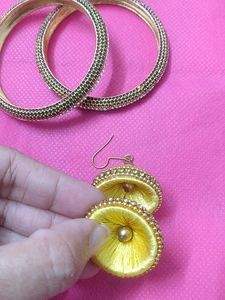 1 Set Of Bangles(Red Green Color &amp; White Stones)And 1 Set Of Silk Thread Earrings (Yellow Color)