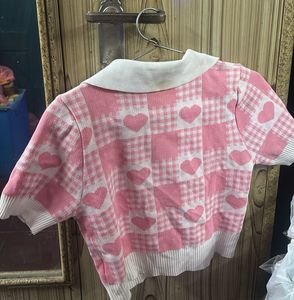 Cute Pink Heart Plaid Knit Top