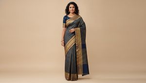 New Elegant Navy Blue Saree with Gold Stripes
