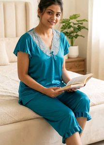 Comfortable Teal Satin Nightsuit with Lace Trim