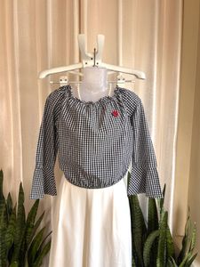 Imported Gingham Bell Sleeve Crop Top