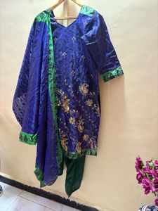Royal Blue Pakistani Dress with Green Accents