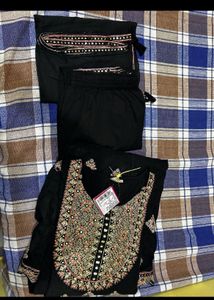 Neerus Embroidery Black Anarkali Kurta Set Size XL