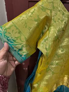 Yellow &amp; Teal Brocade Lehenga Choli Set