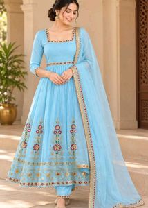 Sky Blue Embroidered Anarkali Suit Set