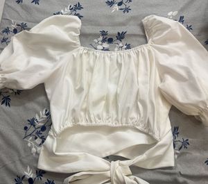 White Puff Sleeve Square Neck Crop Top