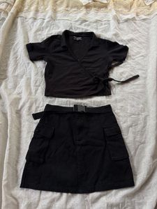 Black Wrap Top &amp; Cargo Skirt Set