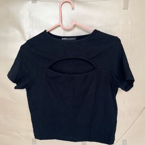 Black Ribbed Cut-Out Crop Top
