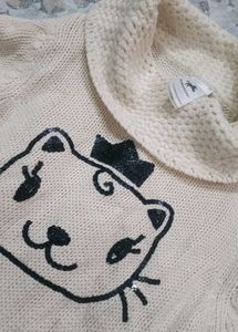 Cream Knit Sweater with Cute Cat Design