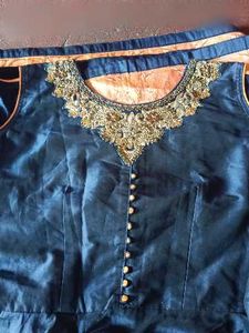 Elegant Navy Blue Kurta Set with Orange Dupatta