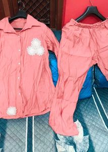 Peach Pajama Set with Lace Detail