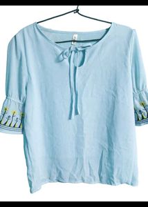 Light Blue Embroidered Sleeve Top