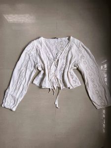 White Broderie Anglaise Tie-Front Blouse