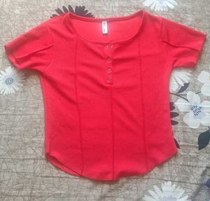 Red Button-Up Henley Corset-like Crop Top