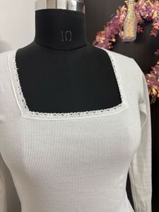 White Ribbed Square Neck Top with Lace Trim