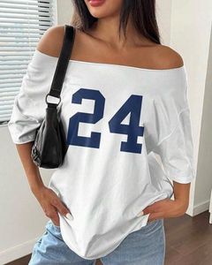 off shoulder White Graphic Print T-Shirt