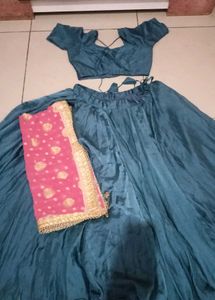 Teal Blue Lehenga Choli with Pink Dupatta