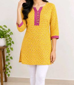 Yellow Printed Kurta with Pink Accents