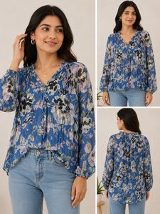 Blue Floral Print Flowy Tunic Top