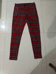 Red Plaid Zipper jeggings