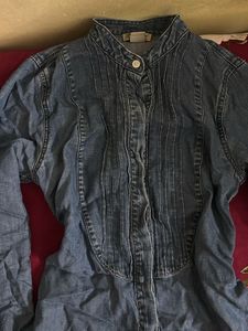 Denim Pleated Button-Up Shirt