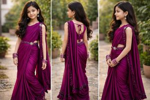 Elegant Pre-drapped Purple Saree | 8-10 year girl