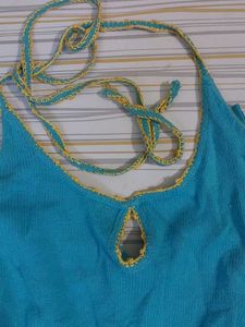 Y2K Aqua Blue Halter Top with Floral Embroidery
