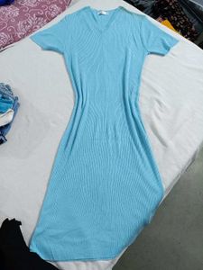 Sky Blue V-Neck Ribbed Midi Dress