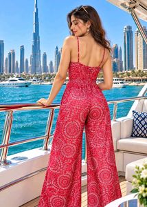 Chic Red Jumpsuit with White Print
