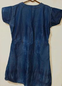 Denim Blue Short Sleeve Top with Sheer Yoke Detail