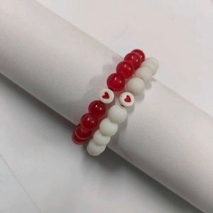 Red & White Beaded Bracelets with Hearts