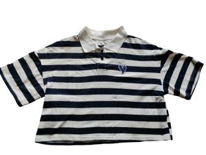Navy &amp; White Striped Polo Crop Top